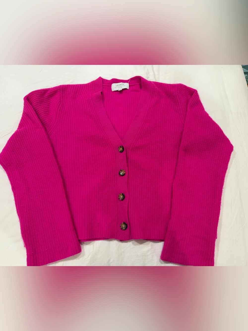 La Ligne Fuchsia Ribbed Button-Front Cardigan